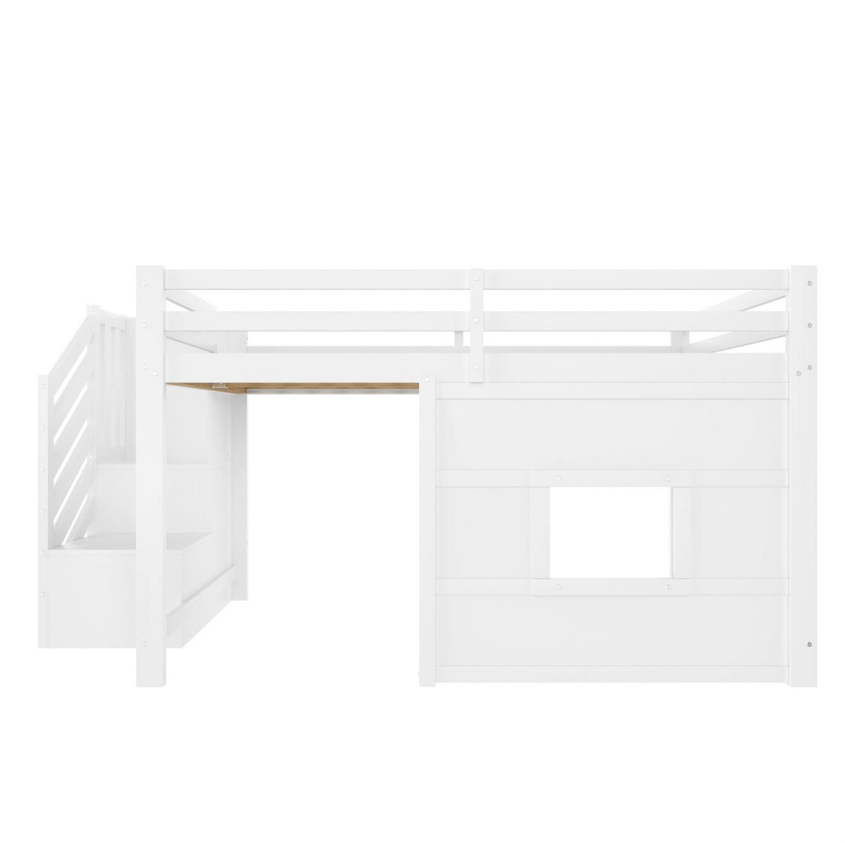 HOCHBETT aus Kiefer, MDF und Sperrholz 140x200 cm Weiß mit Stauraumtreppe, Fenster und LED-Beleuchtung - Weiß, Holzwerkstoff (90/200cm) - Modfu