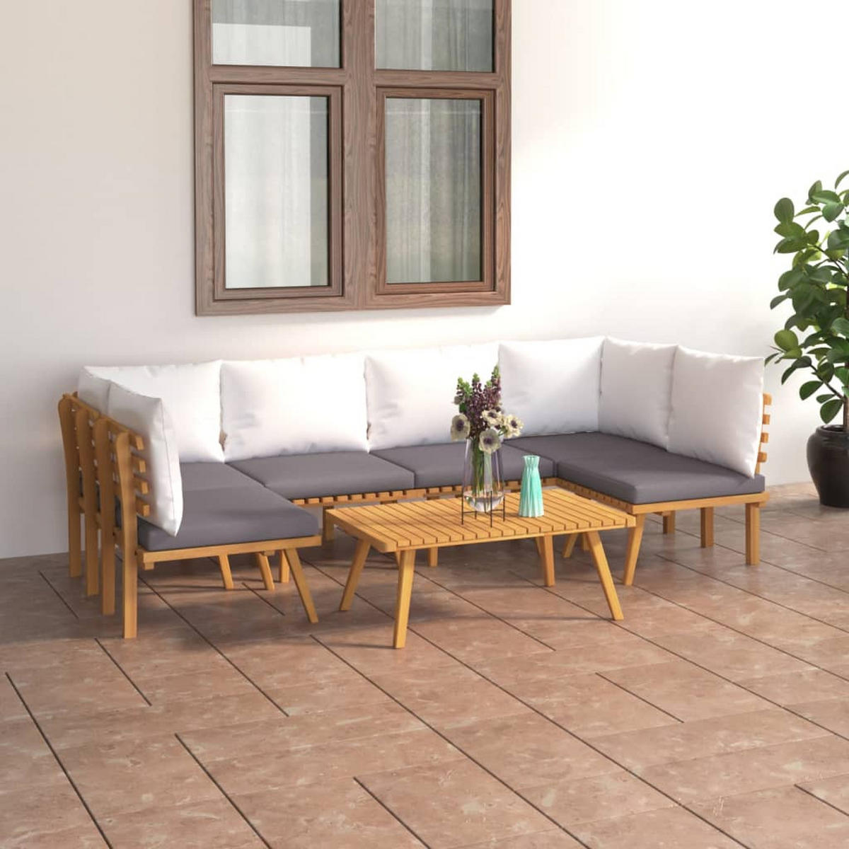 GARTEN-LOUNGE-SET 7-teilig Mit Kissen Massivholz Akazie - Braun, Holz - vidaXL