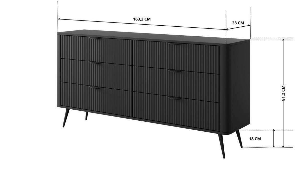 SIDEBOARD Flore 163 cm Schwarz - mit 6 Schubladen und Riffel-Optik - Schwarz, Holz/Holzwerkstoff (163/81/38cm) - Ravio