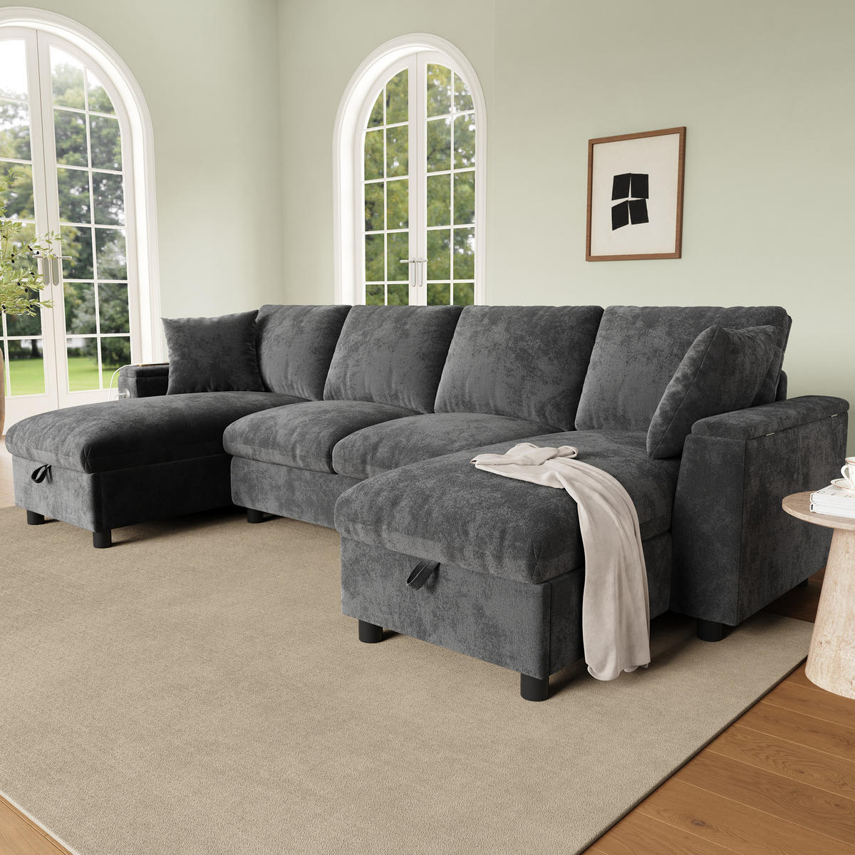 WOHNLANDSCHAFT Chenille Grau mit Stauraum, USB und Type-C - Grau, Holzwerkstoff/Kunststoff (284/84/135cm) - WISHDOR