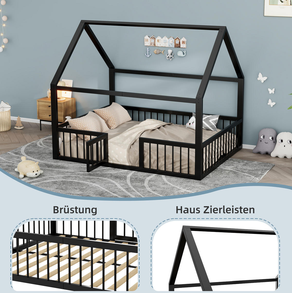 HAUSBETT 140/200 cm Schwarz aus Metall mit Dachdesign - Schwarz, Metall (140/200cm) - OKMYHOME