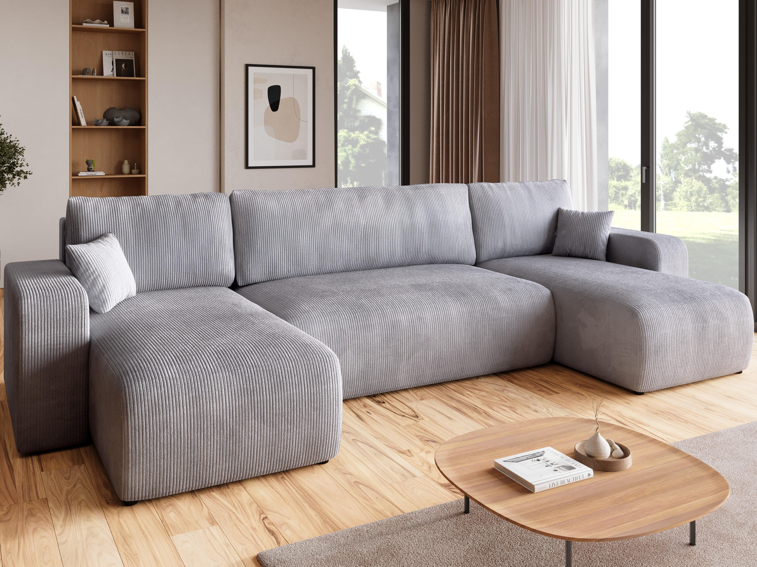 WOHNLANDSCHAFT PUMI mit Schlaffunktion Hellgrau Cord - Hellgrau, Textil (312/82/148cm) - Bromarkt