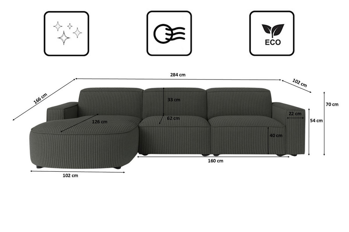 ECKSOFA Cursal Round L-Form, Stoff Poso, Grau, Links - Grau, Holz (284/166cm) - Kaiser Möbel