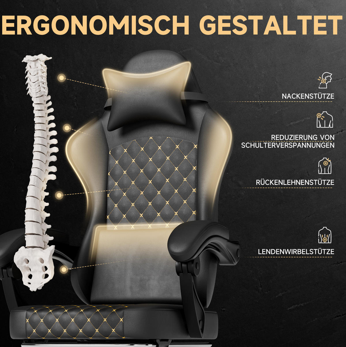 GAMINGSTUHL ergonomisch verstellbar Leder Black - Schwarz, Kunststoff (63/120.5/58.5cm) - Meubliv