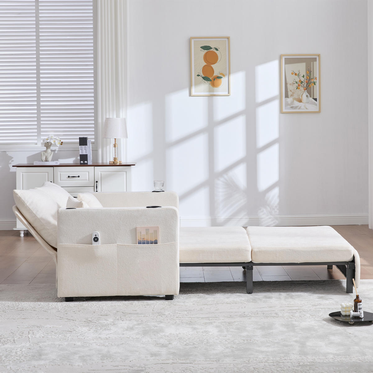 SOFA klappbar mit 4 Kissen und USB-Ladefunktion Chenille Beige 139/83/58 cm - Beige, Textil (139/83/73cm) - OKWISH