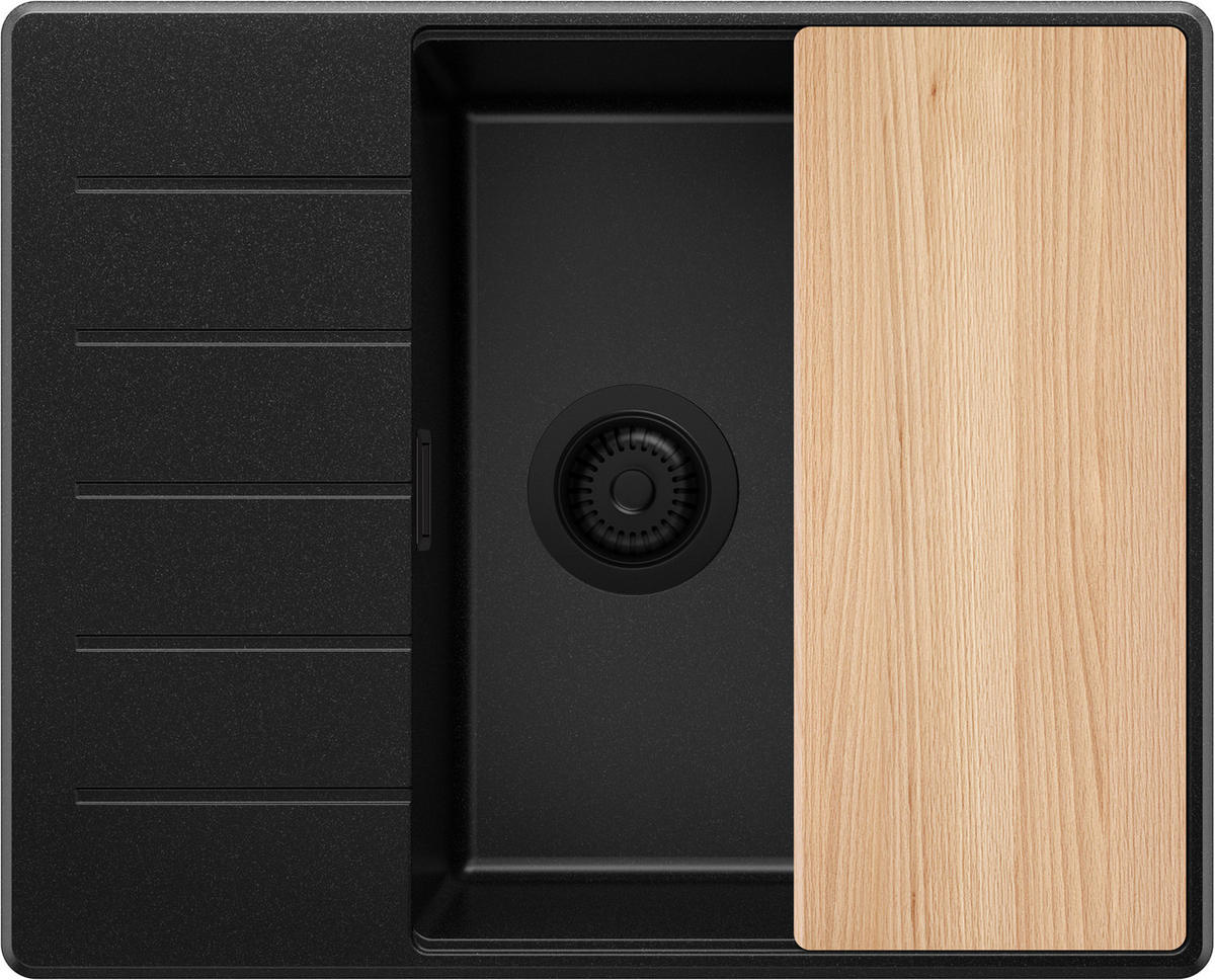 SPÜLBECKEN Kopenhagen, 2-er set Alles Schwarz 62/50 cm 1 Becken + Ablauf-Set + Schneidebrett ab 50er Unterschrank - Beige/Schwarz, Kunststoff (62/20/50cm) - Primagran