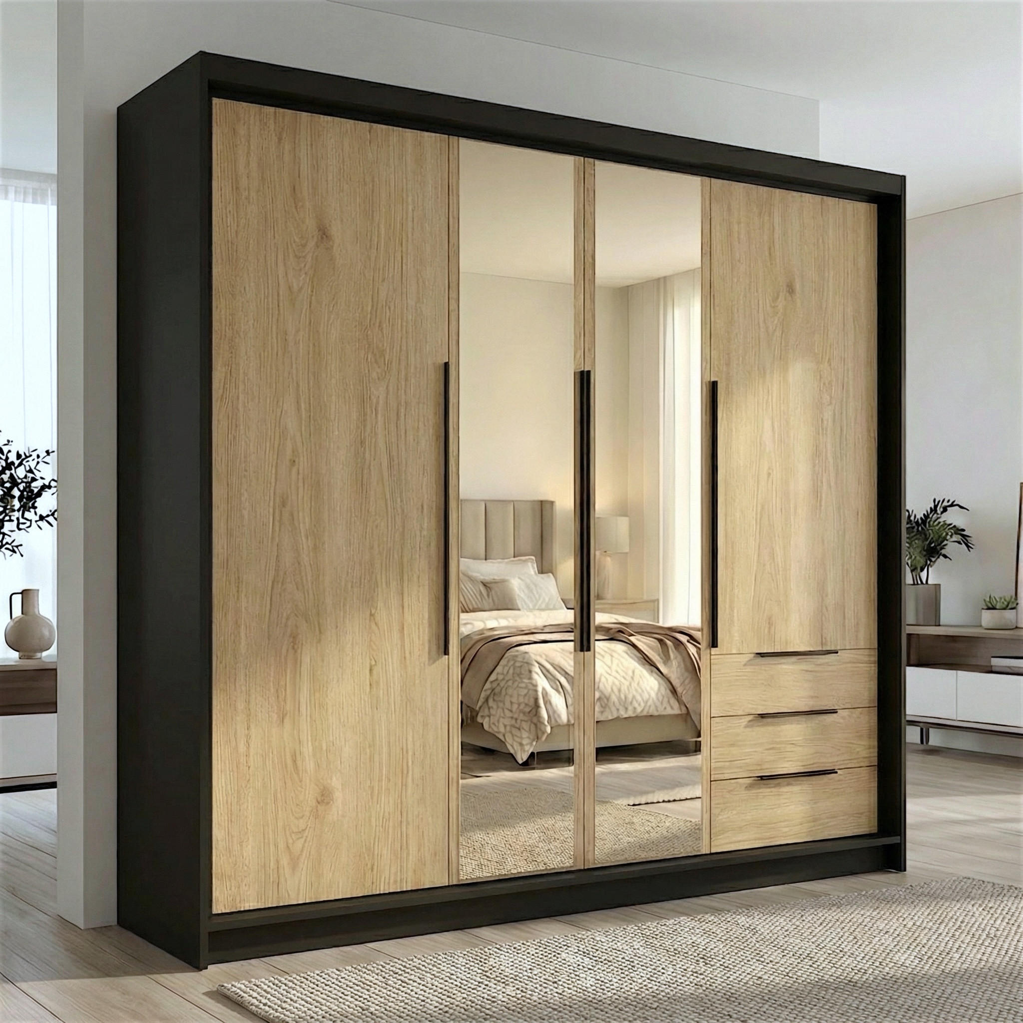 A&J MöbelLand Drehtürenschrank Schwarz, Braun, Braun 200x215x59.5 cm