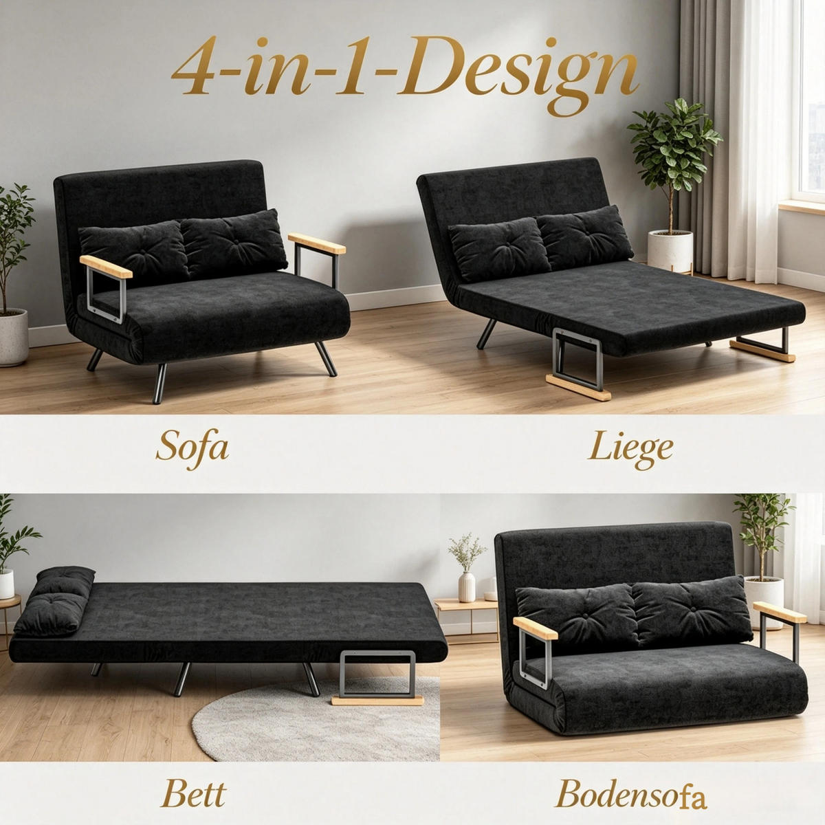 SCHLAFSOFA 4-in-1 2-Sitzer, DE-42186, Schwarz - Schwarz, Metall (73/81/102cm) - ComfortXL