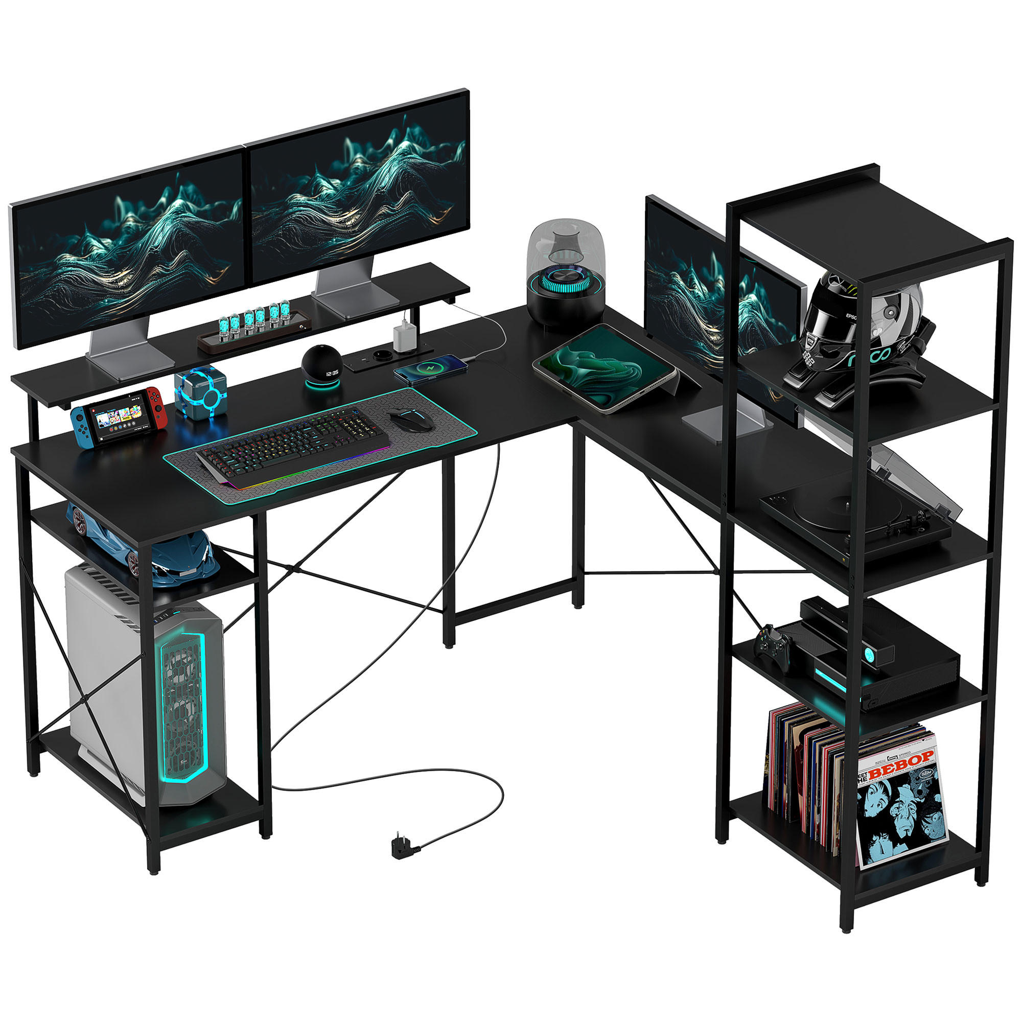 GAMING-TISCH L-förmig, Schreibtisch mit Steckdose, USB, 137 x 140 x 139,5 cm Schwarz - Schwarz, Holzwerkstoff (140/137/139.5cm) - HOMCOM