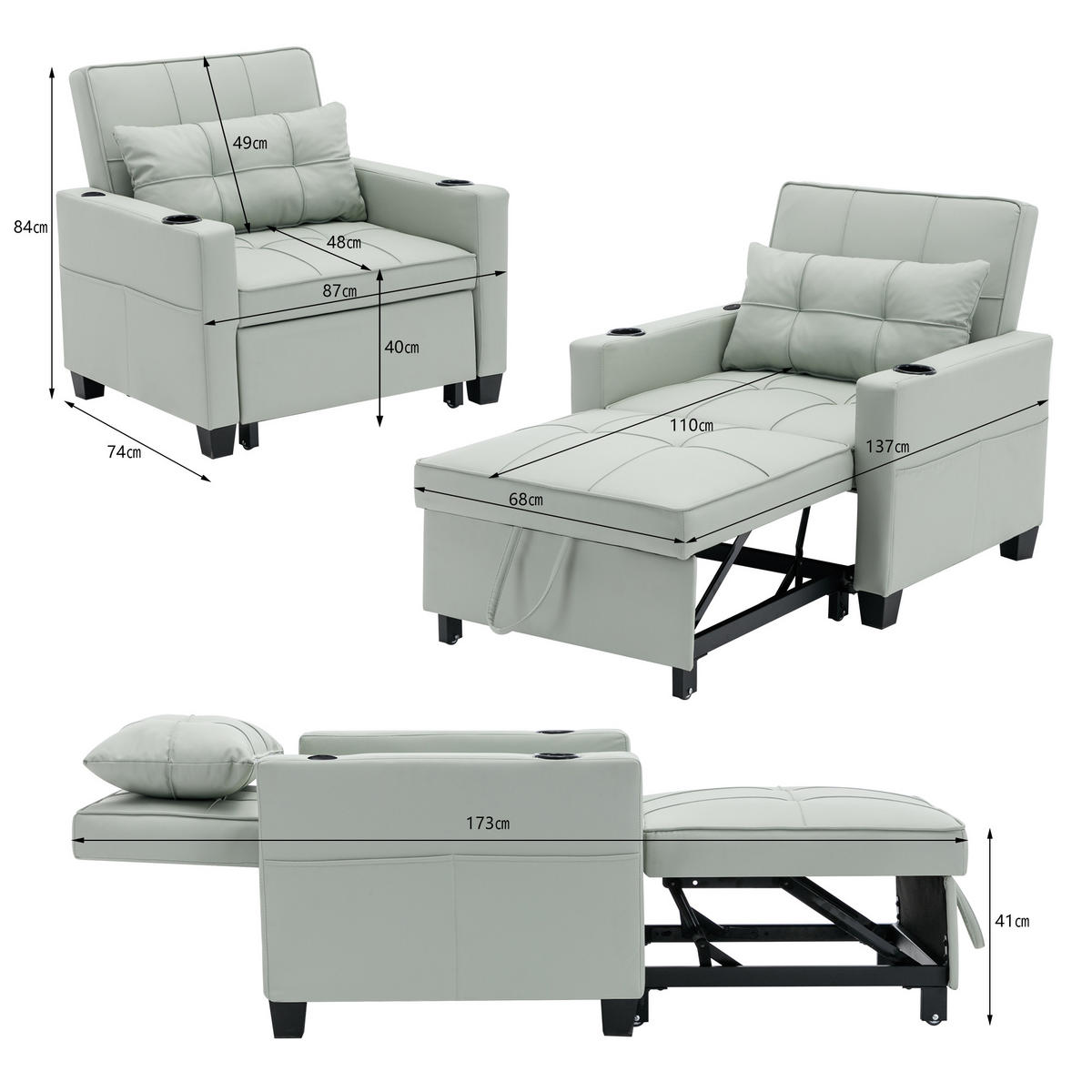 SCHLAFSESSEL DE-35007 3-in-1 mit USB und Getränkehaltern Hellgrün - Hellgrün, Metall (87/84/74cm) - ComfortXL