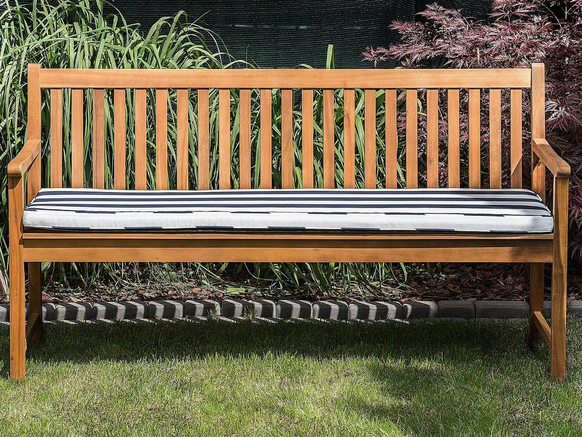 GARTENBANK zertifiziertes Holz hellbraun Auflage blau gestreift 160 cm Vivara - Hellbraun/Blau, Holz (160/88/61cm) - Beliani