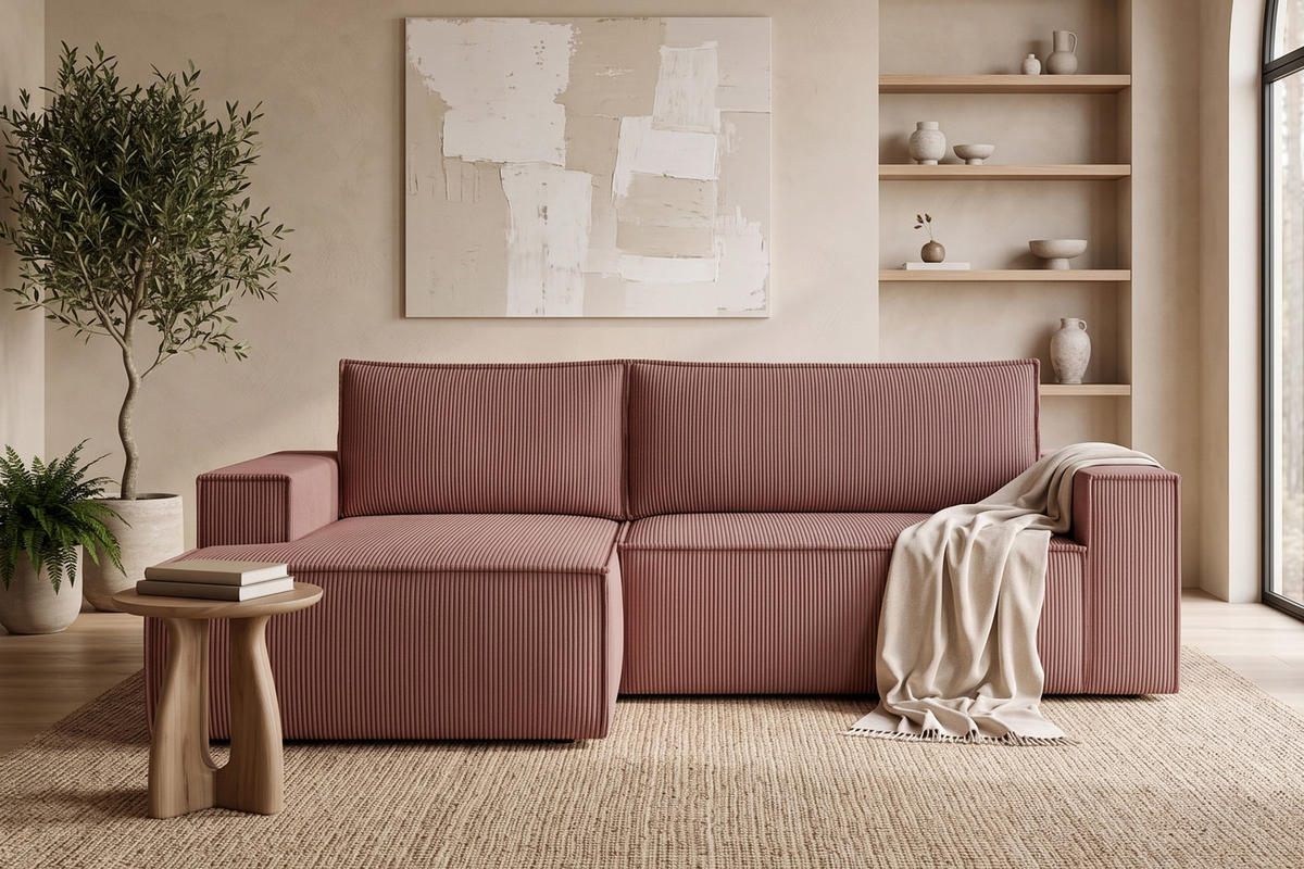 ECKSCHLAFSOFA-LINKS NAPI in Pet Friendly Cord-Stoff, rosa - Pink/Schwarz, Textil (262/148cm) - KONSIMO®