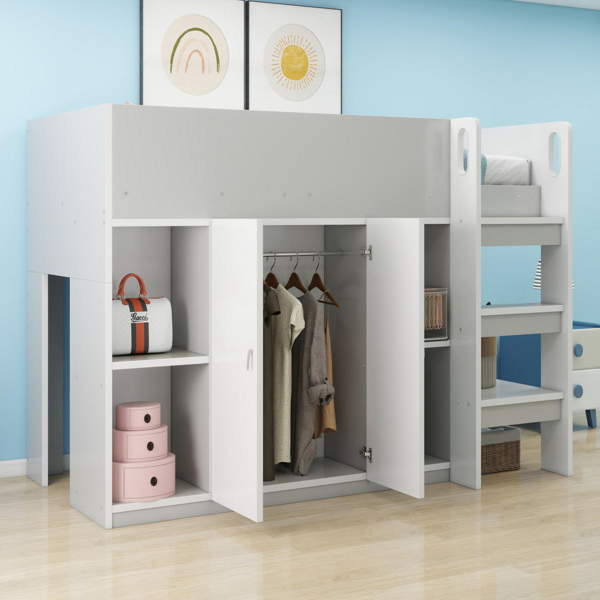 HOCHBETT 90/200 cm in Grau/Weiß mit Schrank, Regalen und Leiter - Grau, Holz (90/200cm) - Flora Grace