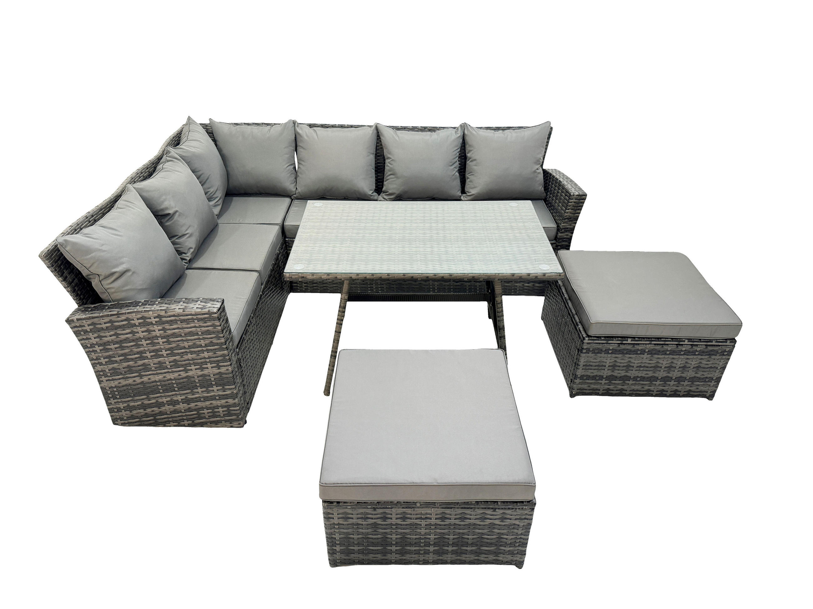 BALKONMÖBEL-SETS mit Ecksofa,Länglicher Esstisch,2 große Fußhocker Polyrattan Dunkelgrau 8-Sitzer - Dunkelgrau/Grau, Glas/Kunststoff - Fimous