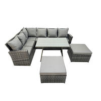 BALKONMÖBEL-SETS mit Ecksofa,Länglicher Esstisch,2 große Fußhocker Polyrattan Dunkelgrau 8-Sitzer - Dunkelgrau/Grau, Glas/Kunststoff - Fimous