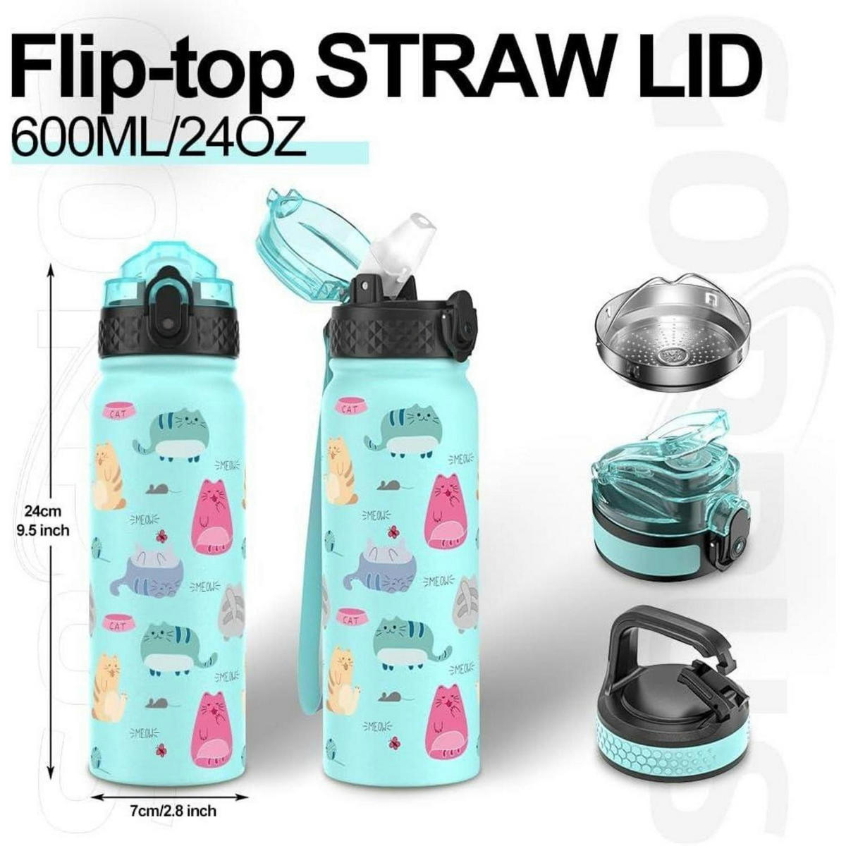 TRINKFLASCHE 600 ml Edelstahl mit Strohhalm Hellgrüne Katze - Multicolor, Metall (7/7cm)