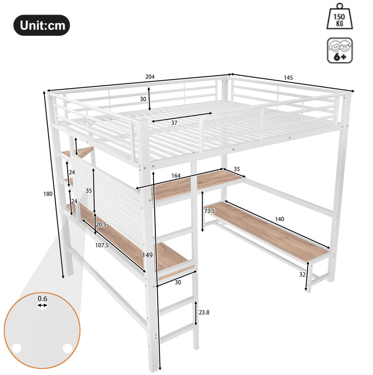 HOCHBETT 140/200 cm mit Schreibtisch, Regalen, Lochwand, LED, USB-C, Metall/MDF, Weiß - Weiß, Metall (140/200cm) - Redom