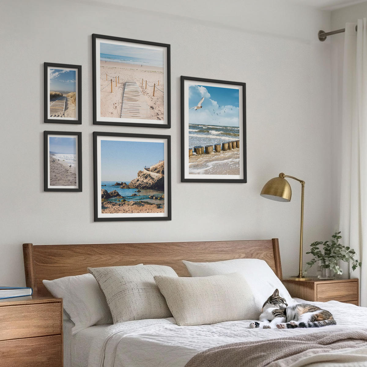BILDER SET 5er Set - 50x50 cm & 20x30 cm & 40x60 cm Schwarzer Rahmen - Strand, Sand, Wellen, Himmel, Vögel - Schwarz, Kunststoff (40/60cm) - TULUP