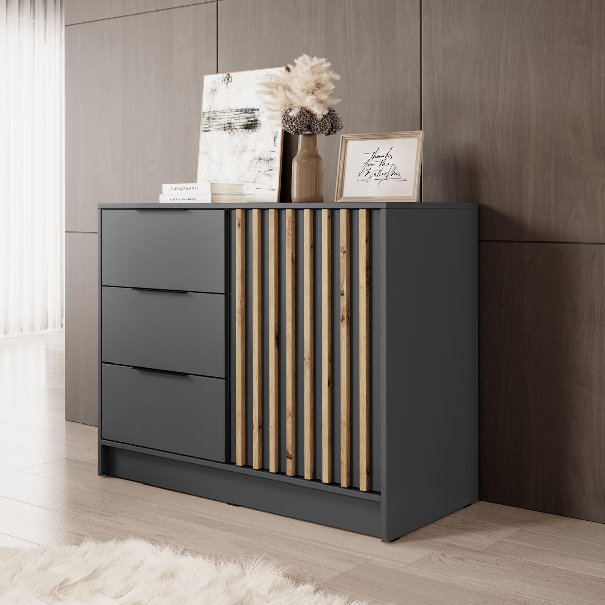 KOMMODE Stilo 105 cm in Graphit + Eiche Artisan Lamellen - Schwarz/Graphitfarben, Holz/Holzwerkstoff (105/86/45cm) - Ravio