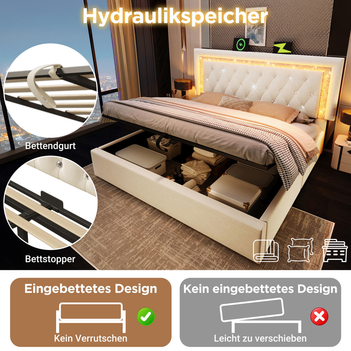 POLSTERBETT 160/200 cm Beige mit LED-Beleuchtung, Bettkasten und USB- und Type-C-Anschlüssen - Beige, Textil (160/200cm) - Flora Grace