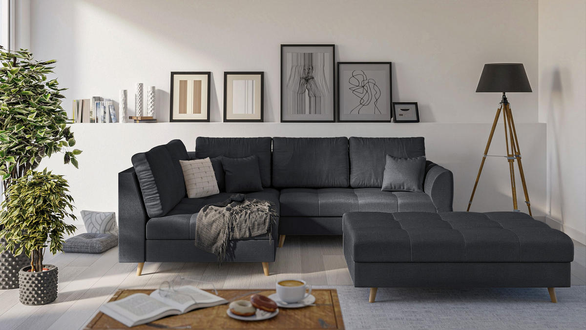 ECKSOFA MIT HOCKER Lorine Mikrofaser Anthrazit - Hellbraun/Anthrazit, Buchenholz/Textil (231/161cm) - S-Style Möbel