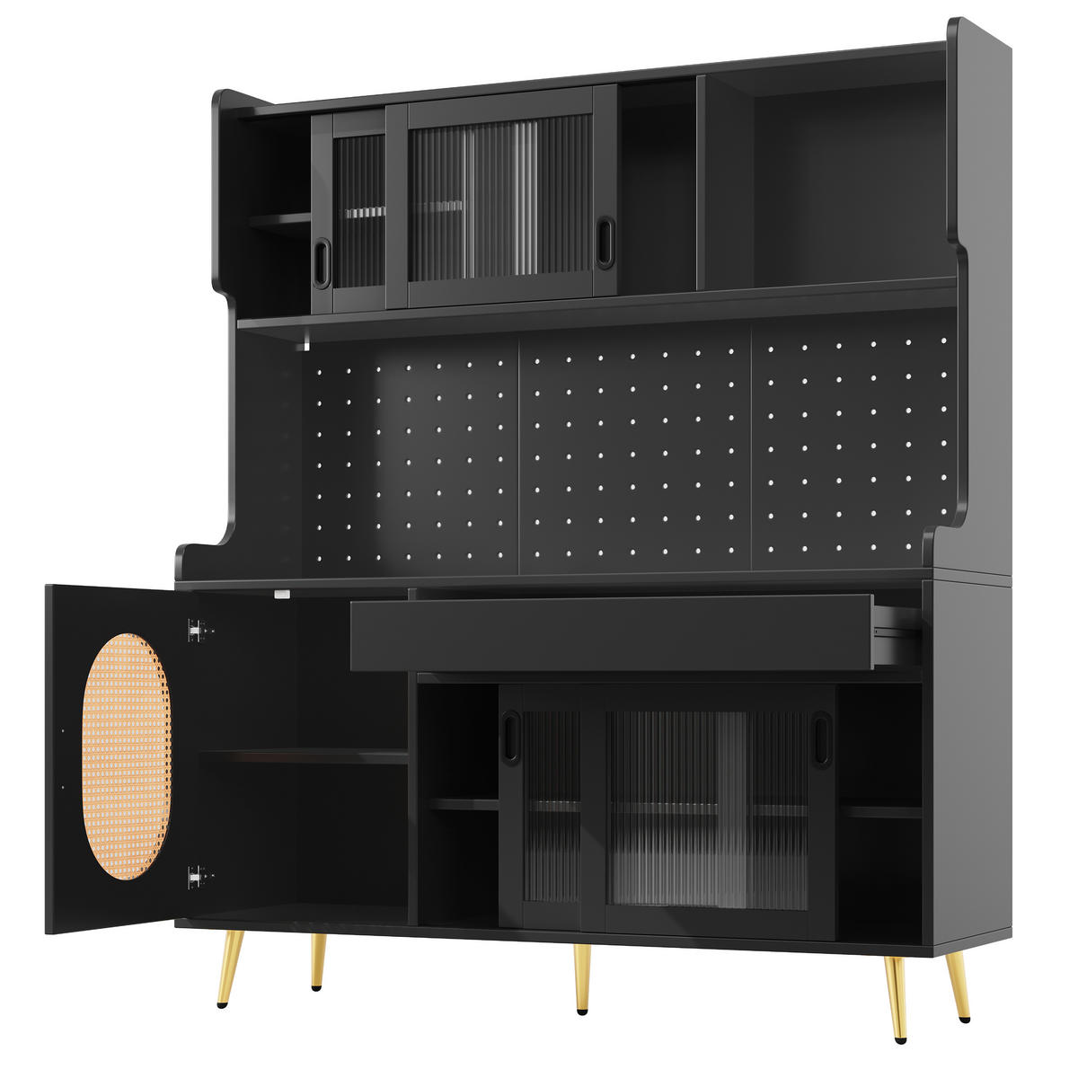 BUFFETSCHRANK 145/39/171 cm schwarz aus MDF mit LED-Lichtleiste - Schwarz, Holzwerkstoff (145/171/39cm) - OKWISH