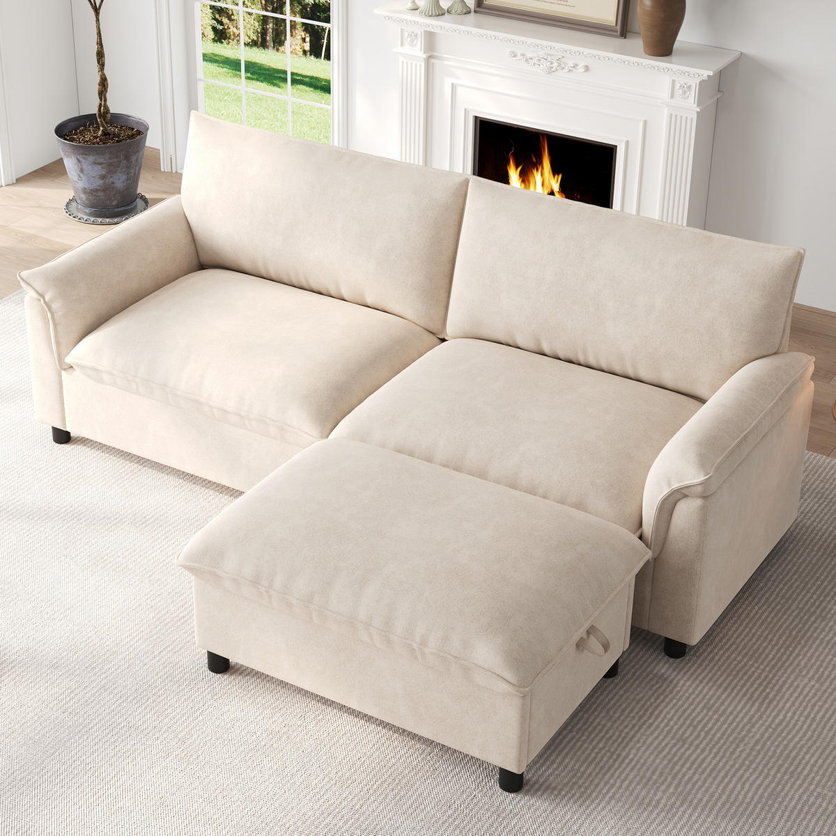 ECKSOFA 216/77/82 cm Beige mit Aufbewahrungs-Ottomane - Beige, Textil (77/82/216cm) - Oxeza