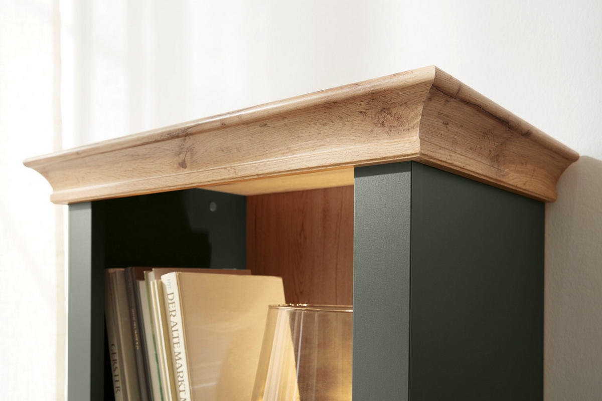 REGAL grün, Wotan Eiche Landhaus, Regalschrank mit Weinregal - Dunkelgrün/Messingfarben, Holzwerkstoff/Metall (68/207/45cm) - Furn.Design