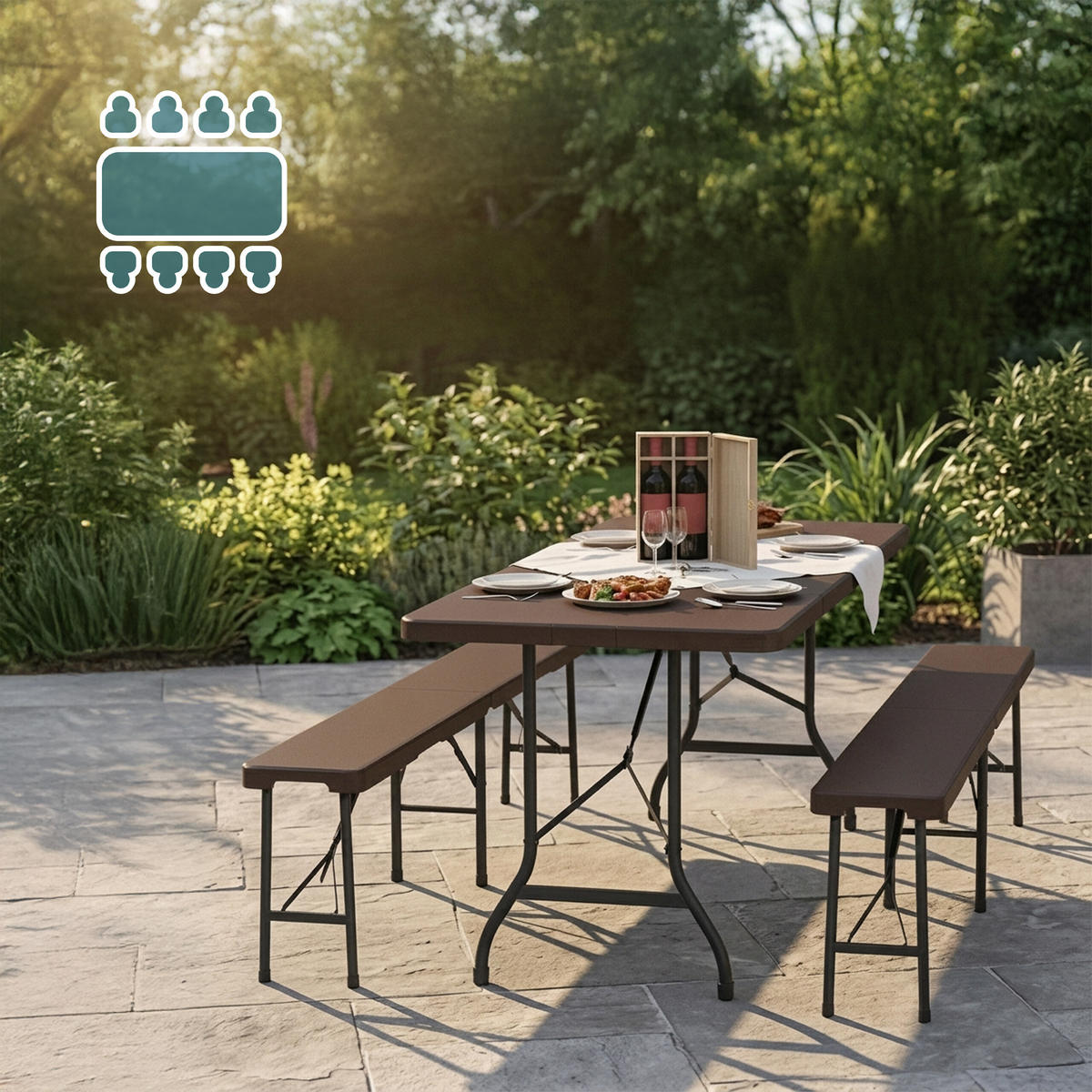 BIERZELTGARNITUR Braun 3-tlg.-Set Tisch 180x74 cm - Braun, Kunststoff/Metall - Relaxdays