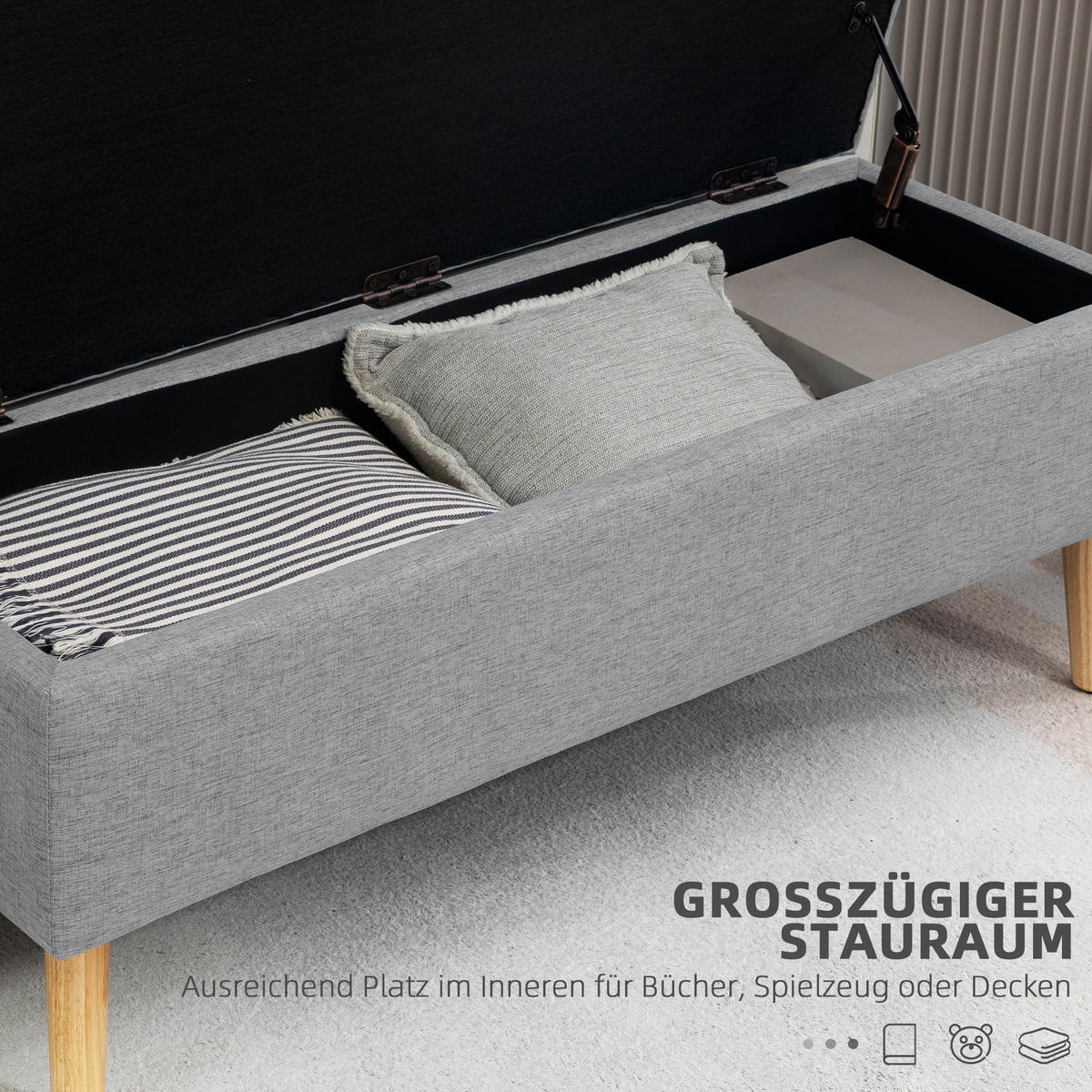 SITZBANK Polsterbank mit Stauraum scandinavia Truhenbank Polyester Holz Grau - Grau, Kunststoff (39/45/110cm) - HOMCOM