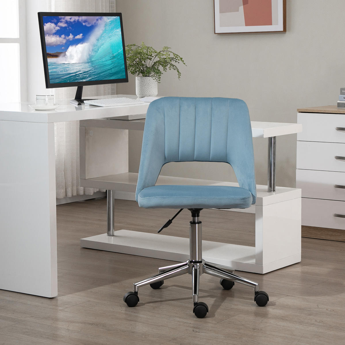 BÜROSTUHL Drehstuhl Jakobsmuschel-Form verstellbar Samtartiges Polyester Blau - Blau/Chromfarben, Textil/Metall (60/91/49cm) - Vinsetto