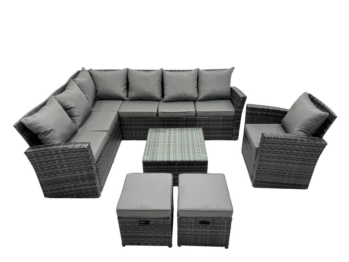 GARTEN-ECKSOFAGARNITUR mit Couchtisch Polyrattan Dunkelgrau 9-Sitzer - Dunkelgrau/Grau, Glas/Kunststoff - Fimous
