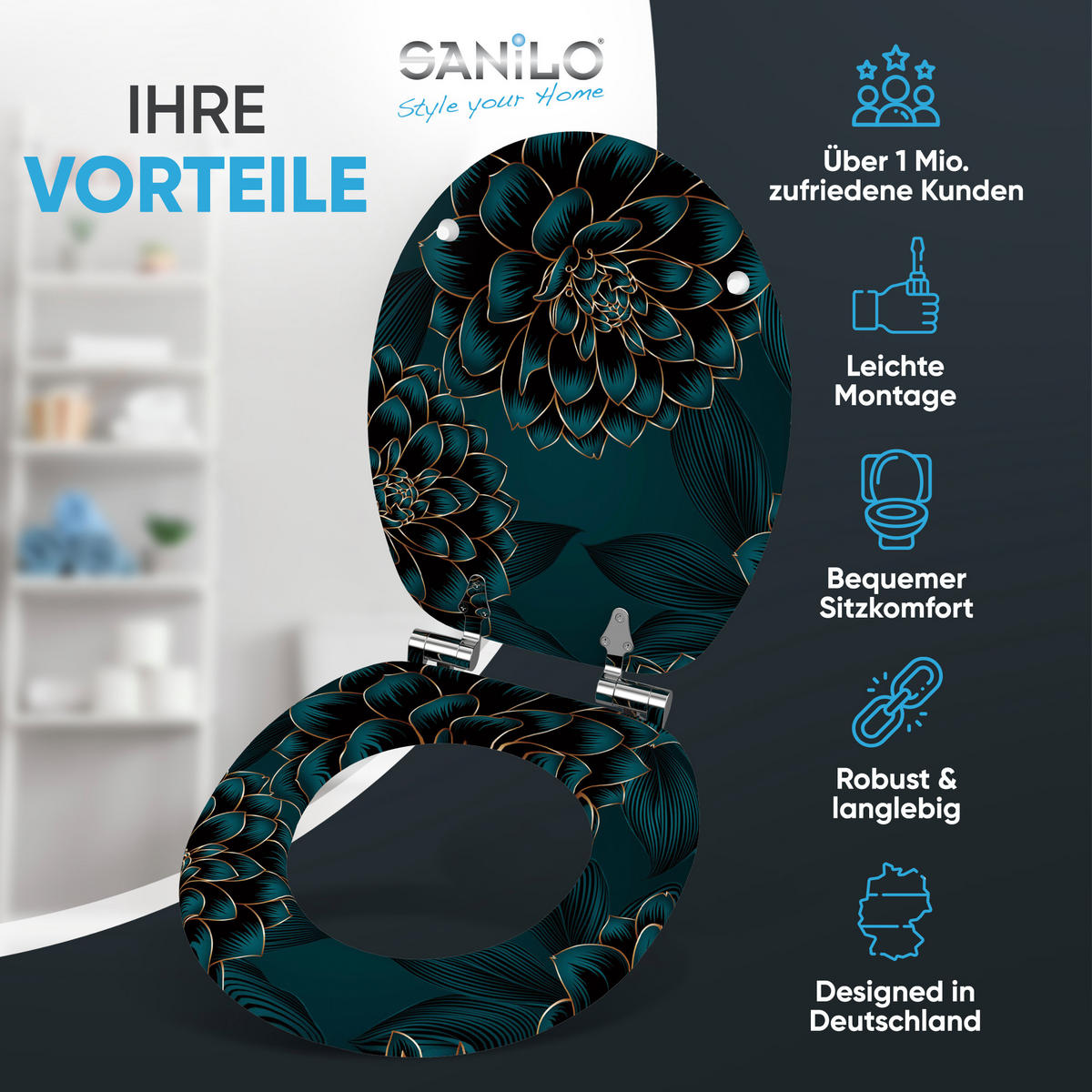 WC Sitz mit Absenkautomatik Dahlien - Blau, Holzwerkstoff (38/6/47cm) - Sanilo