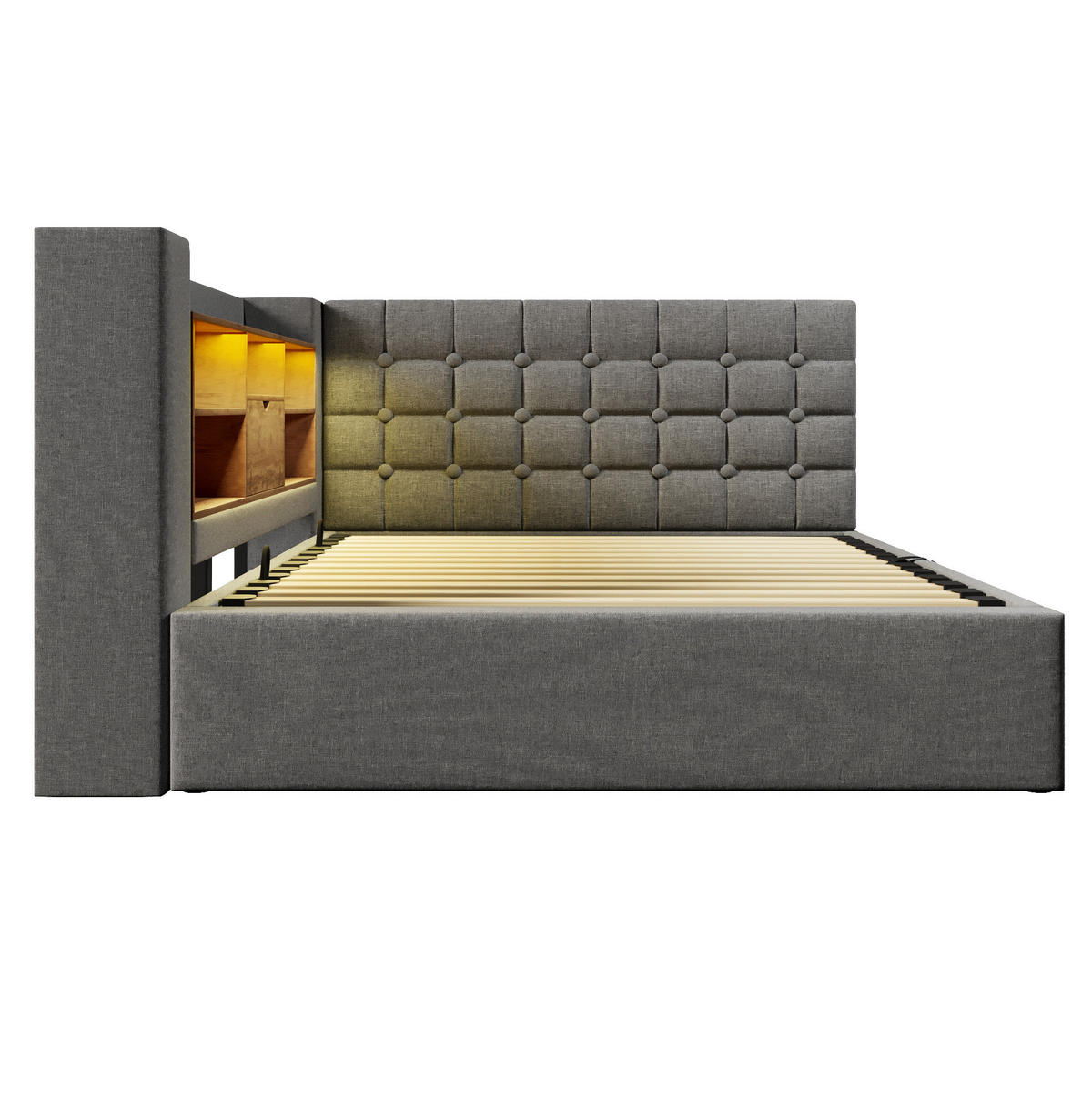 POLSTERBETT 140/200 cm Grau aus Leinen mit LED und Stauraum - Grau, Textil (140/200cm) - OKMYHOME