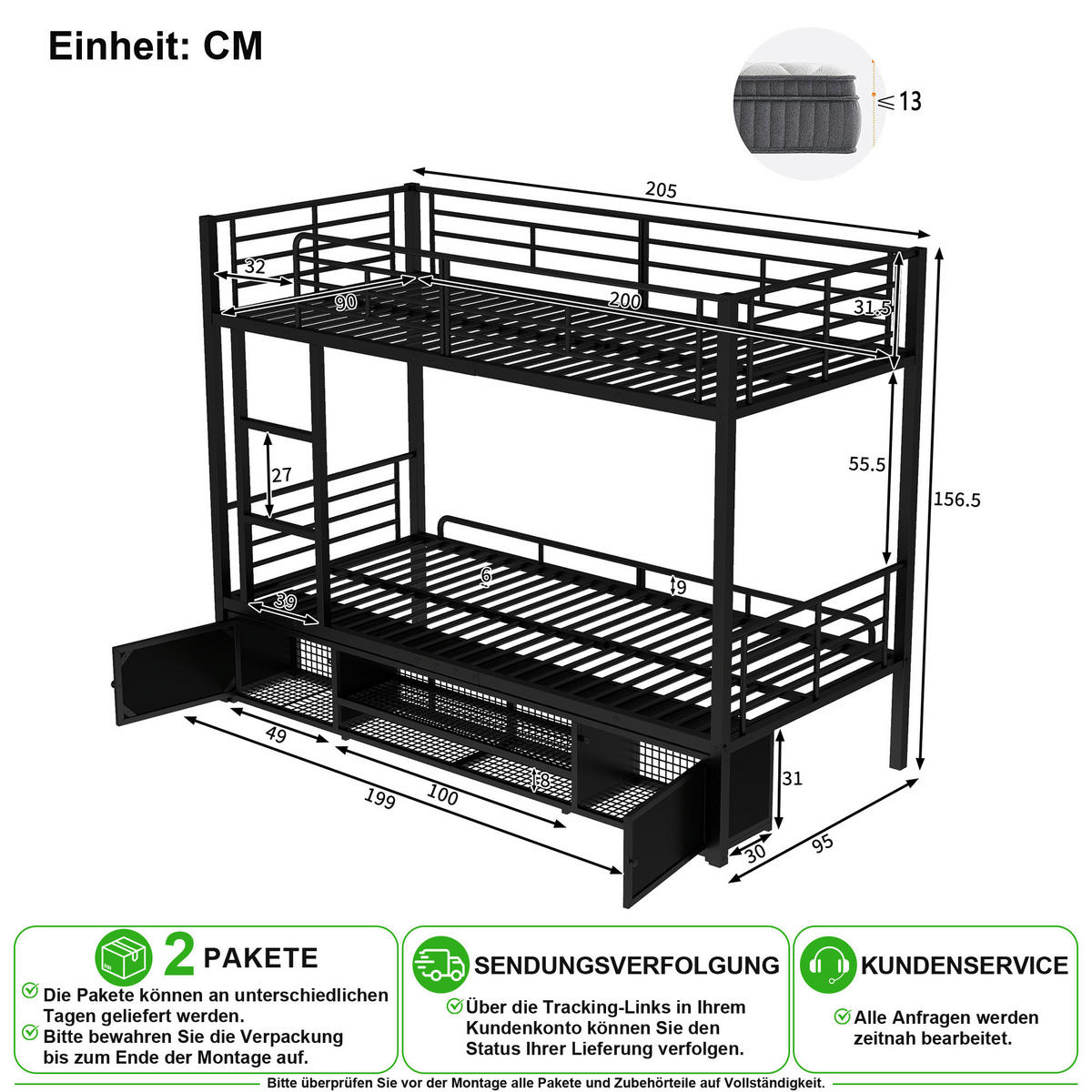 ETAGENBETT 90/200 cm & 90/200 cm in Schwarz mit Leiter, Schuhregal und 2 Schränken Metall - Schwarz, Metall (90/200cm) - CHICFURN