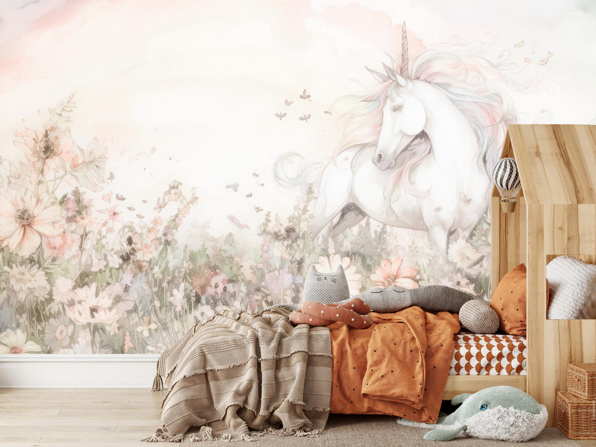 FOTOTAPETE für Kinder Einhorn Blumen Aquarell 350x256 - Gelb/Beige, Papier (350/256cm) - Muralo