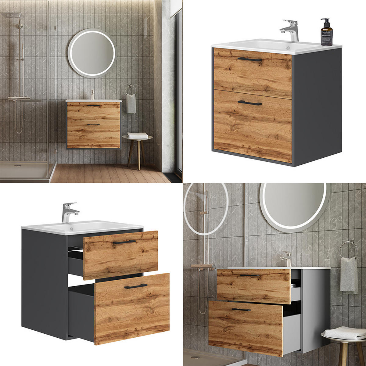 WASCHBECKENUNTERSCHRANK Lanco Anthrazit/Goldkraft Eiche 61 x 61.5 cm mit Waschbecken - Honigeiche/Anthrazit, Holzwerkstoff (61/61.5/46.5cm) - Vicco