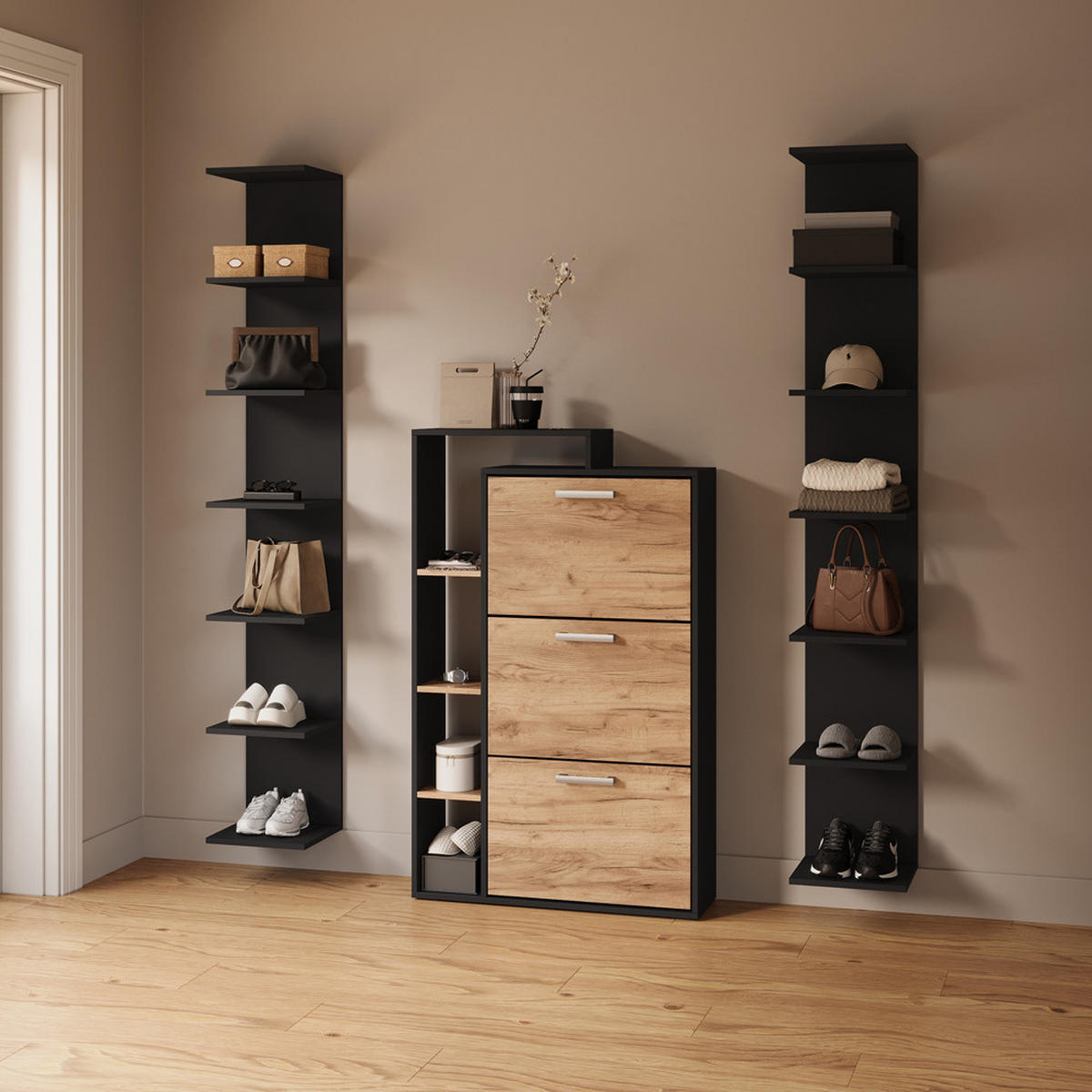 WANDREGAL Vesuvio Schwarz 30 x 190 cm 2er Set - Schwarz, Holzwerkstoff (30/190/28cm) - Livinity®
