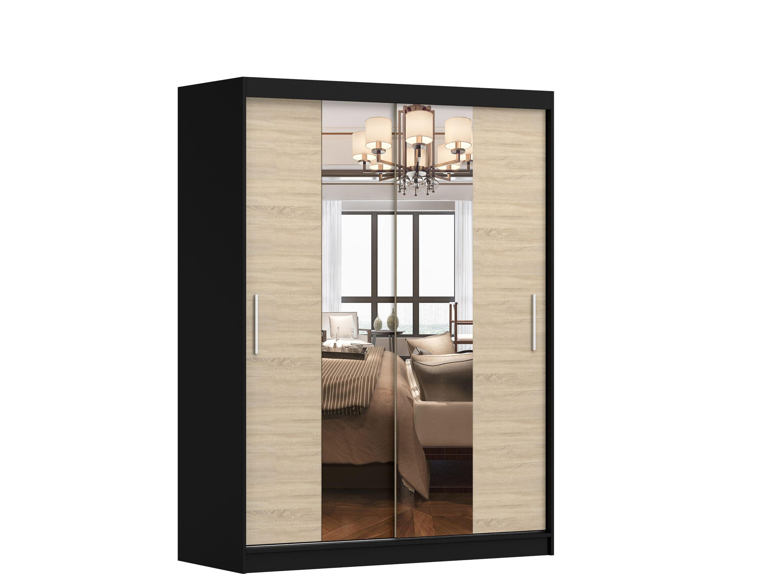 SCHWEBETÜRENSCHRANK Vista 01 Schwarz/Sonoma Eiche mit Spiegel ohne LED Beleuchtung 150cm - Alufarben/Schwarz, Glas/Holzwerkstoff (150/200/61cm) - imoebel24