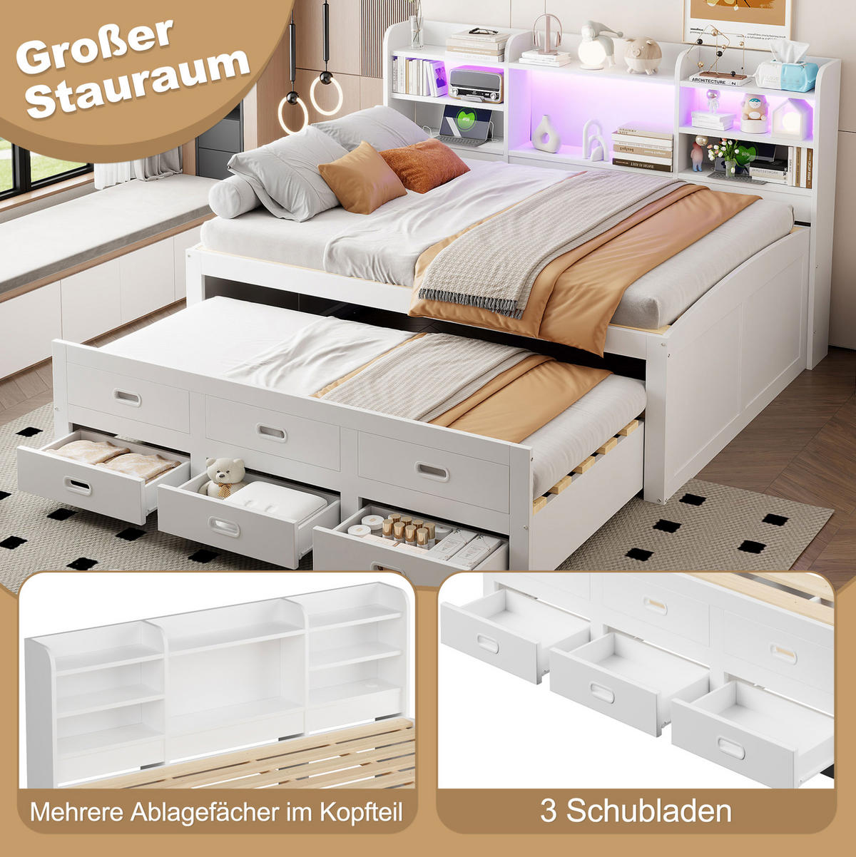 TAGESBETT 140/200 cm mit LED-Beleuchtung, 3 Schubladen und USB/Type-C in Weiß - Weiß, Holzwerkstoff (140/200cm) - BEAOK