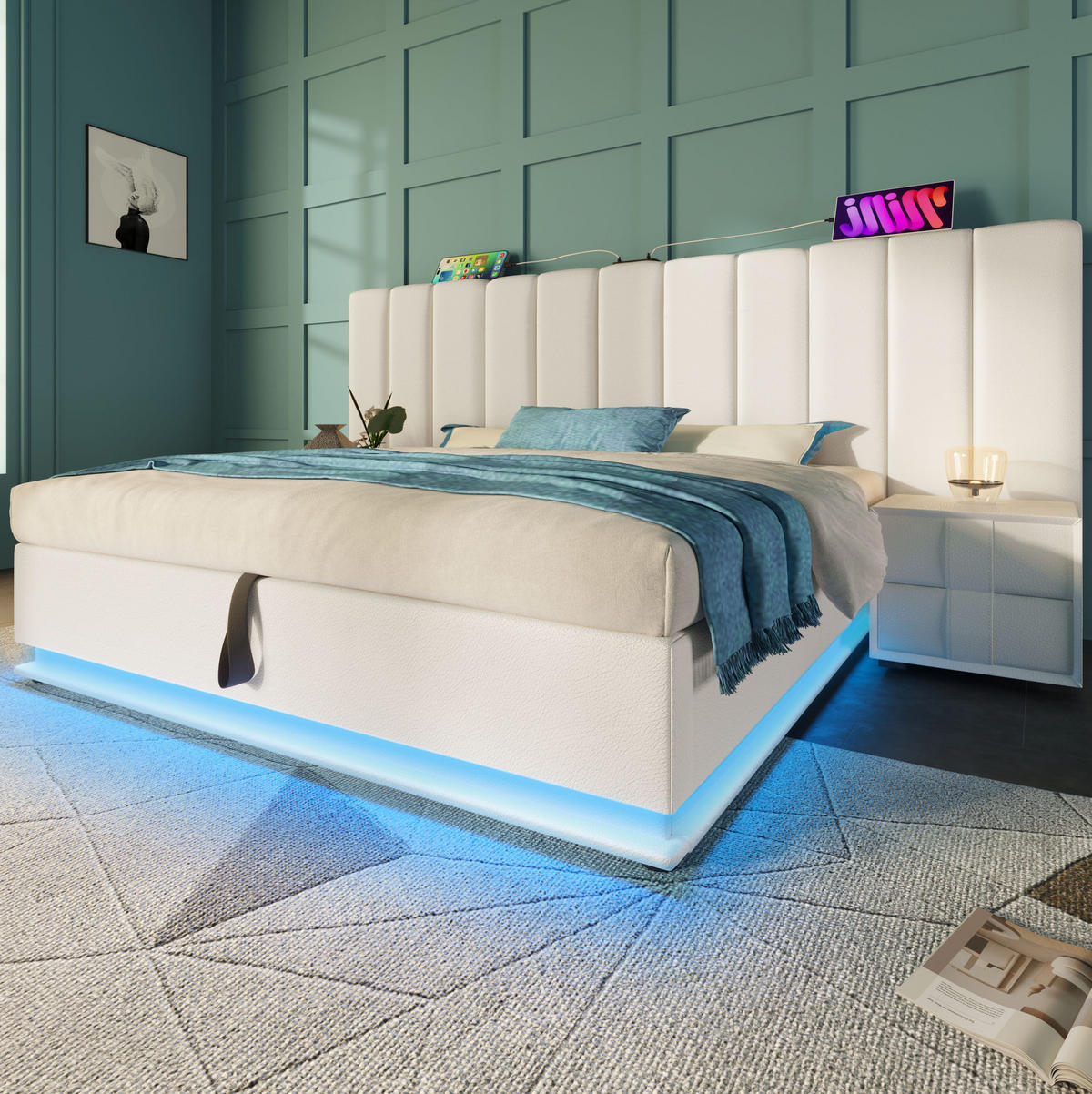POLSTERBETT 160/200 cm Weiß aus PU mit LED und Stauraum - Weiß, Textil (160/200cm) - OKWISH