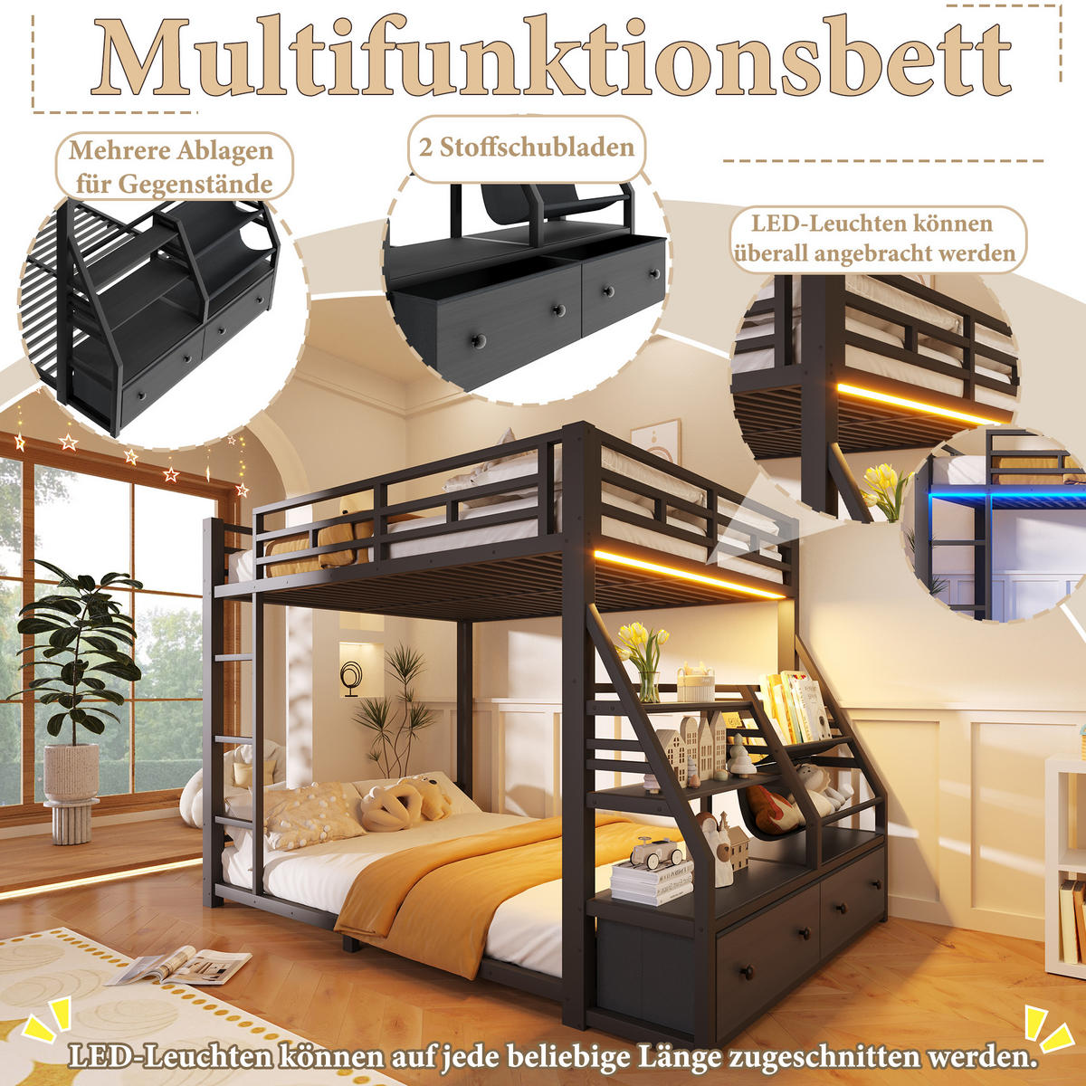 ETAGENBETT 140/200 cm in Schwarz mit 2 Schubladen, LED und Ablagen Metallbett - Schwarz, Holzwerkstoff/Metall (140/200cm) - STILVORA