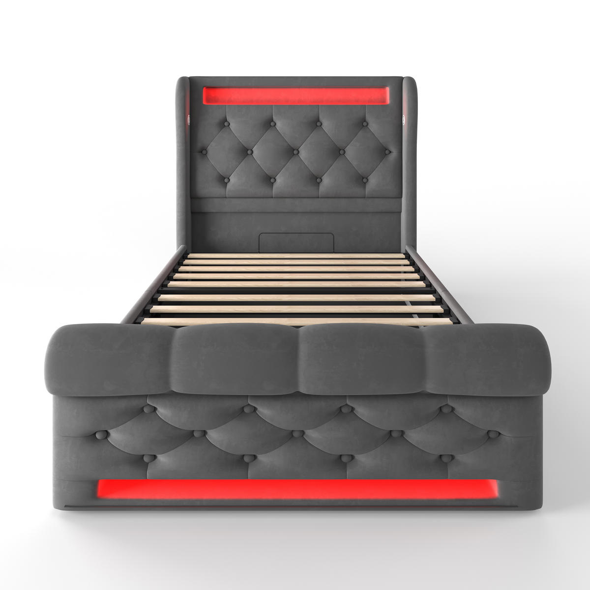 POLSTERBETT 90/200 cm mit LED-Beleuchtung, USB- und Type-C-Anschluss, hydraulischem Bettkasten, Samt, Grau - Grau, Textil (90/200cm) - Redom