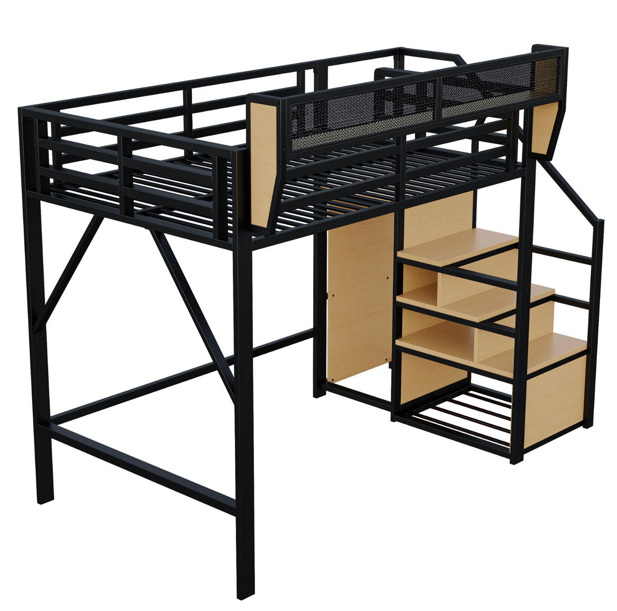 HOCHBETT 140/200 cm schwarz aus Metall und MDF mit Leiter und Ablagefach - Schwarz, Metall (140/200cm) - OKWISH