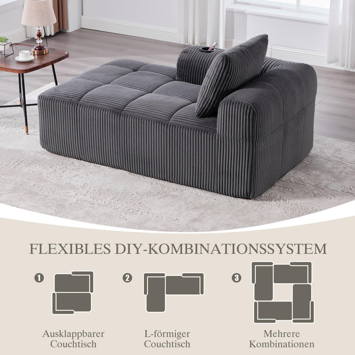 LIEGESESSEL Cord mit Seitenfächern und Becherhaltern 158/93/61 cm Dunkelgrau - Dunkelgrau, Textil (93/61/158cm) - Redom