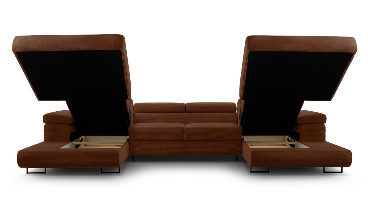 WOHNLANDSCHAFT Arborio Ziegelrot 352/202/90 cm mit Schlaffunktion - Schwarz/Orange, Textil/Metall (352/90/202cm) - AX Living