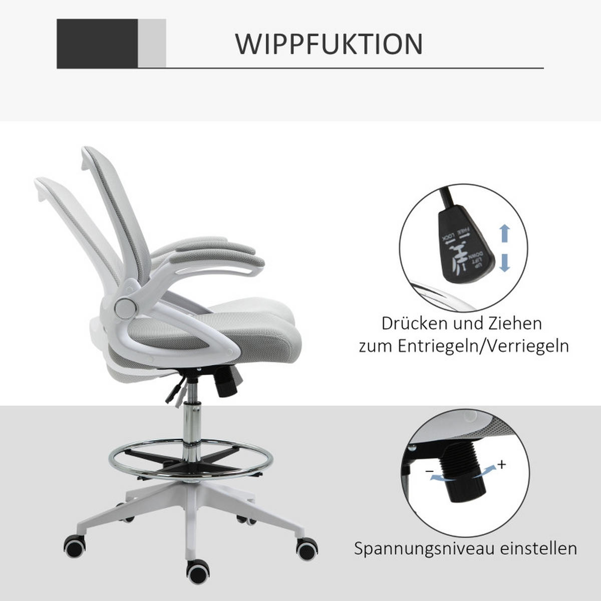 DREHSTÜHLE Netzstoff Fußring Wippfunktion Hellgrau - Grau, Metall (60/126/64cm) - SHOPENTRA