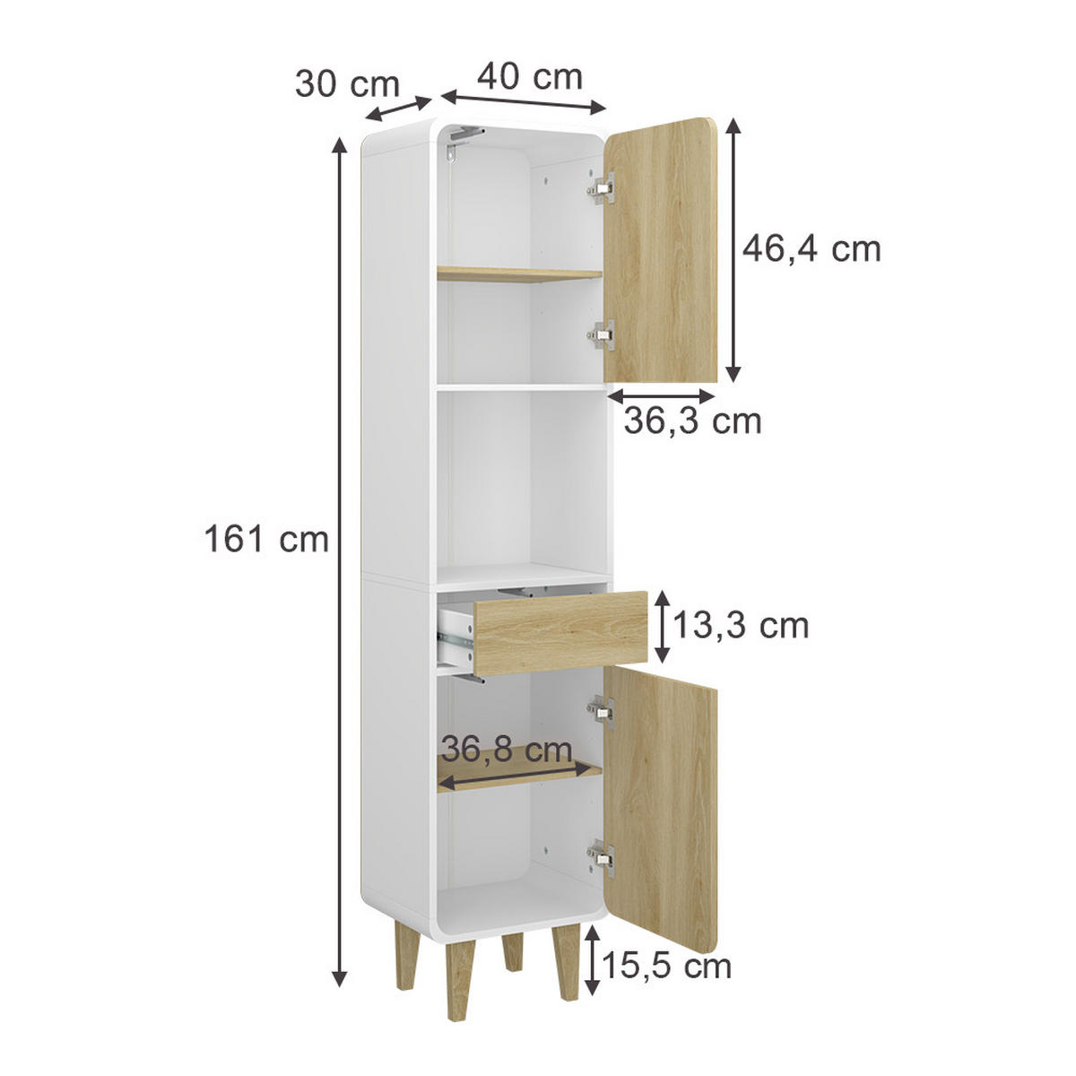 BADEZIMMERMÖBEL Arla Weiß/Eiche 40 x 161 cm - Eichefarben/Weiß, Holzwerkstoff (40/161/30cm) - Vicco