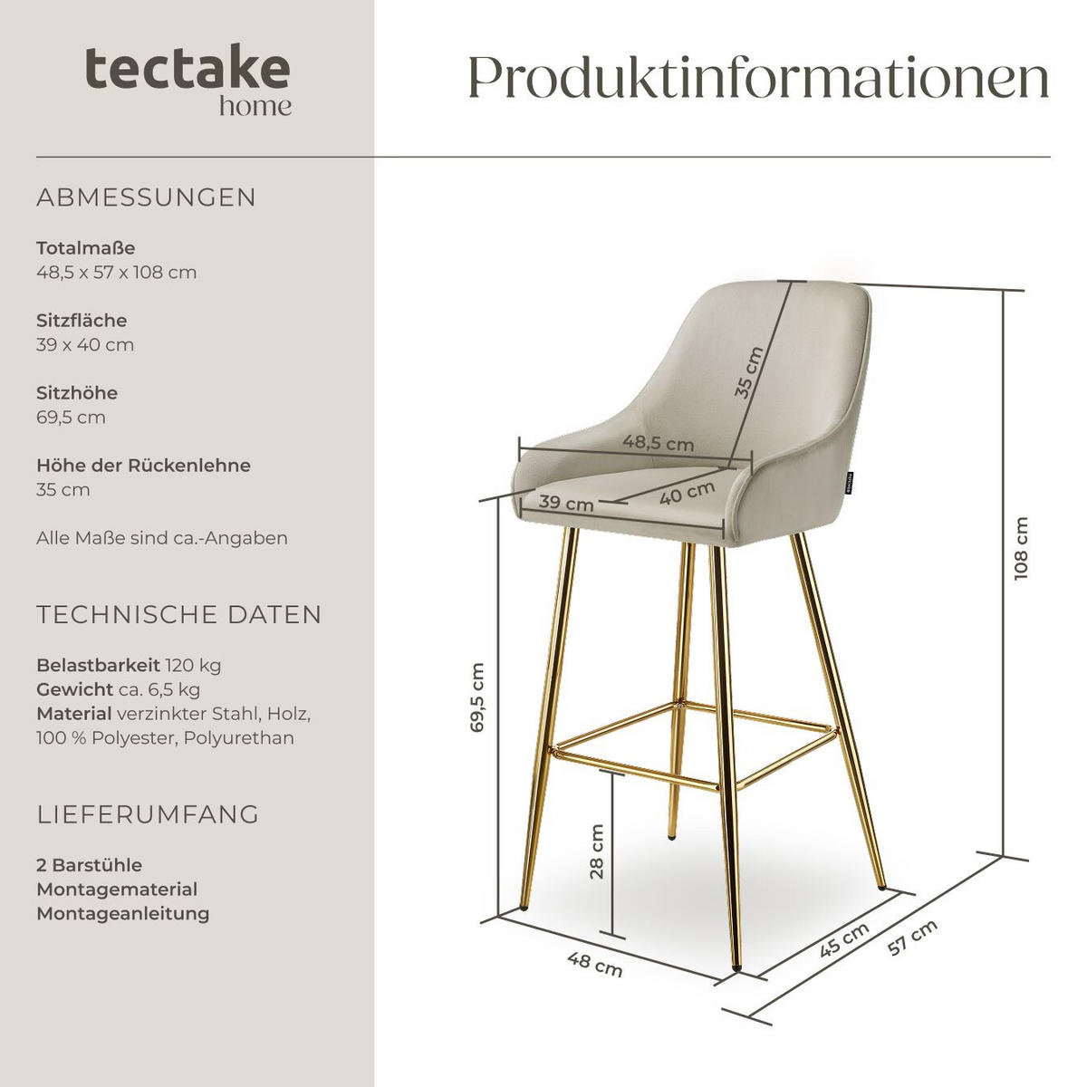 BARSTUHL Avane,48,5 x 57 x 108 cm, Belastbarkeit 120 kg,creme/gold - Goldfarben/Creme, Kunststoff/Textil (48.5/108/57cm) - tectake