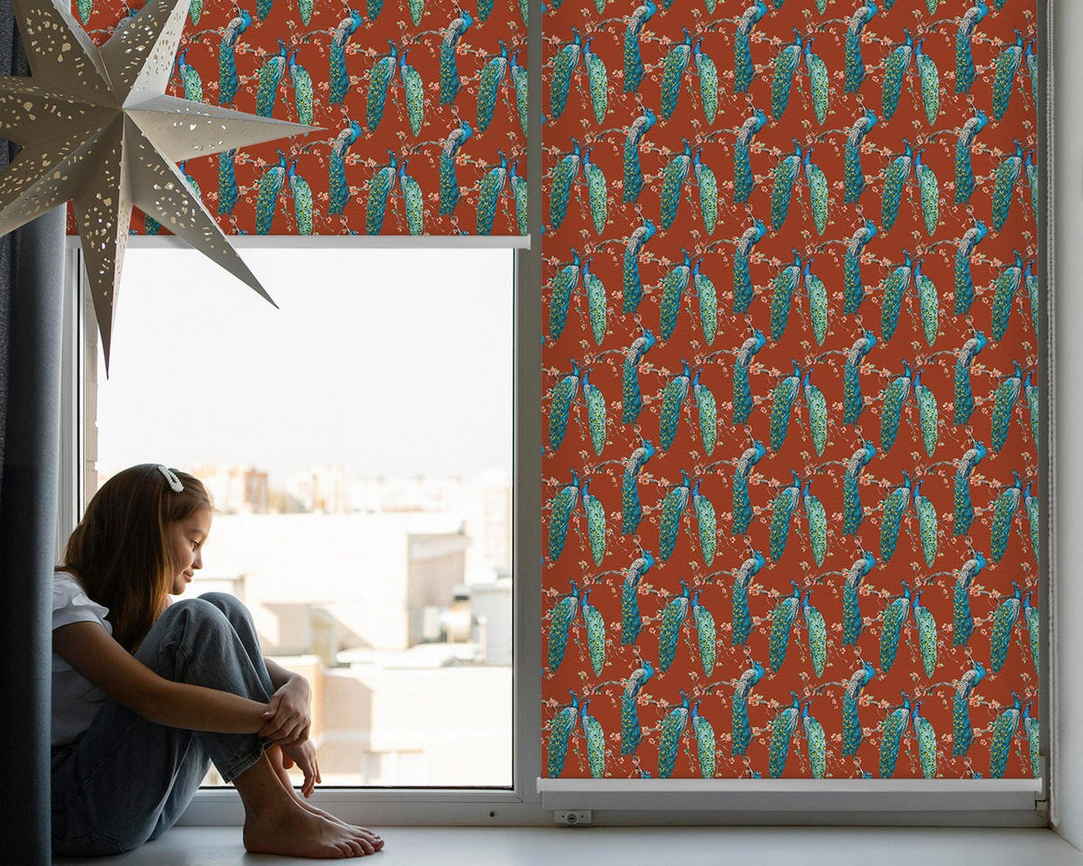VNÚTORNÁ roleta - okenná roleta - roleta - 120x140 cm - Pávy na konároch - modrá, plast (120/140/0.5cm) - TULUP